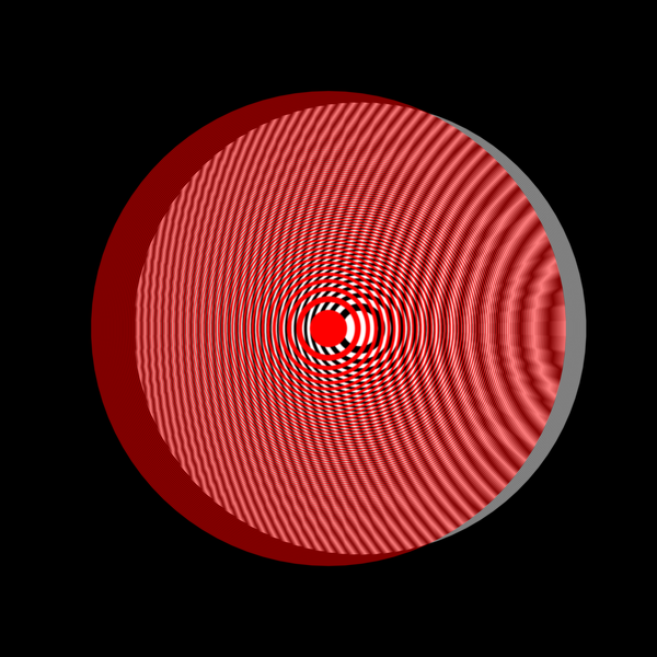 Zoneplates model: Analytic rendering of two overlapping zone plates. Visibility of small geometric details is correctly resolved and excellent anti-aliasing up to numeric precision achieved.